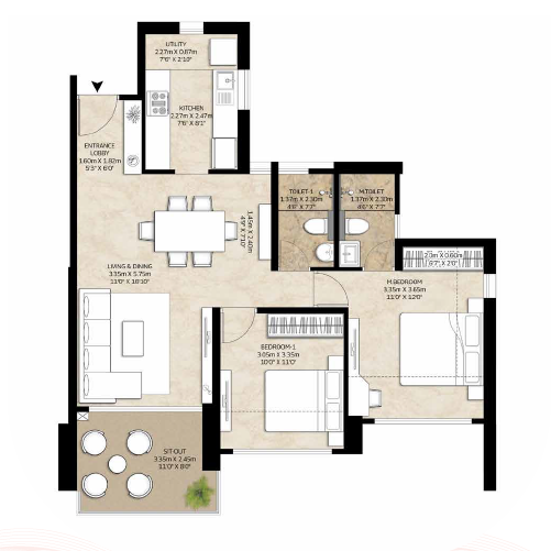 2 BHK Luxury Floor Plan
